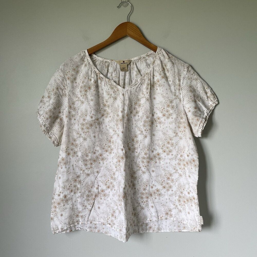 Woolrich Floral Print Blouse Top Short Sleeve White Tan 100% Cotton Women's XL